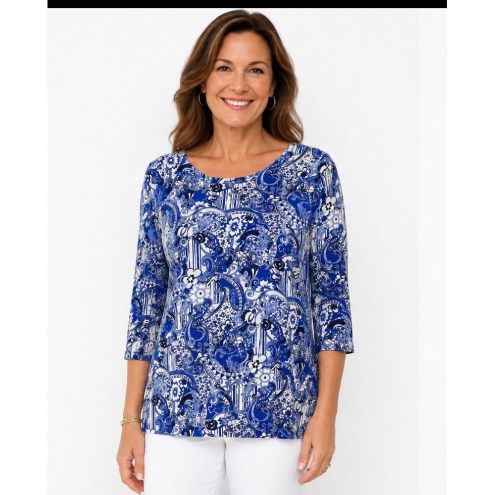 Leggiadro Blue White Paisley Floral Top with Matching Silk Scarf Size Large Prep